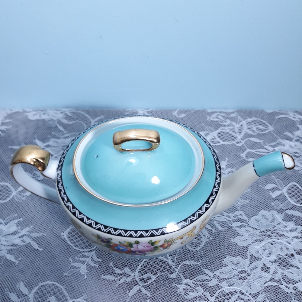Antique Ca 1920 Noritake Teapot Turquoise Blue Floral Roses White Gold Vintage - Picture 8 of 13